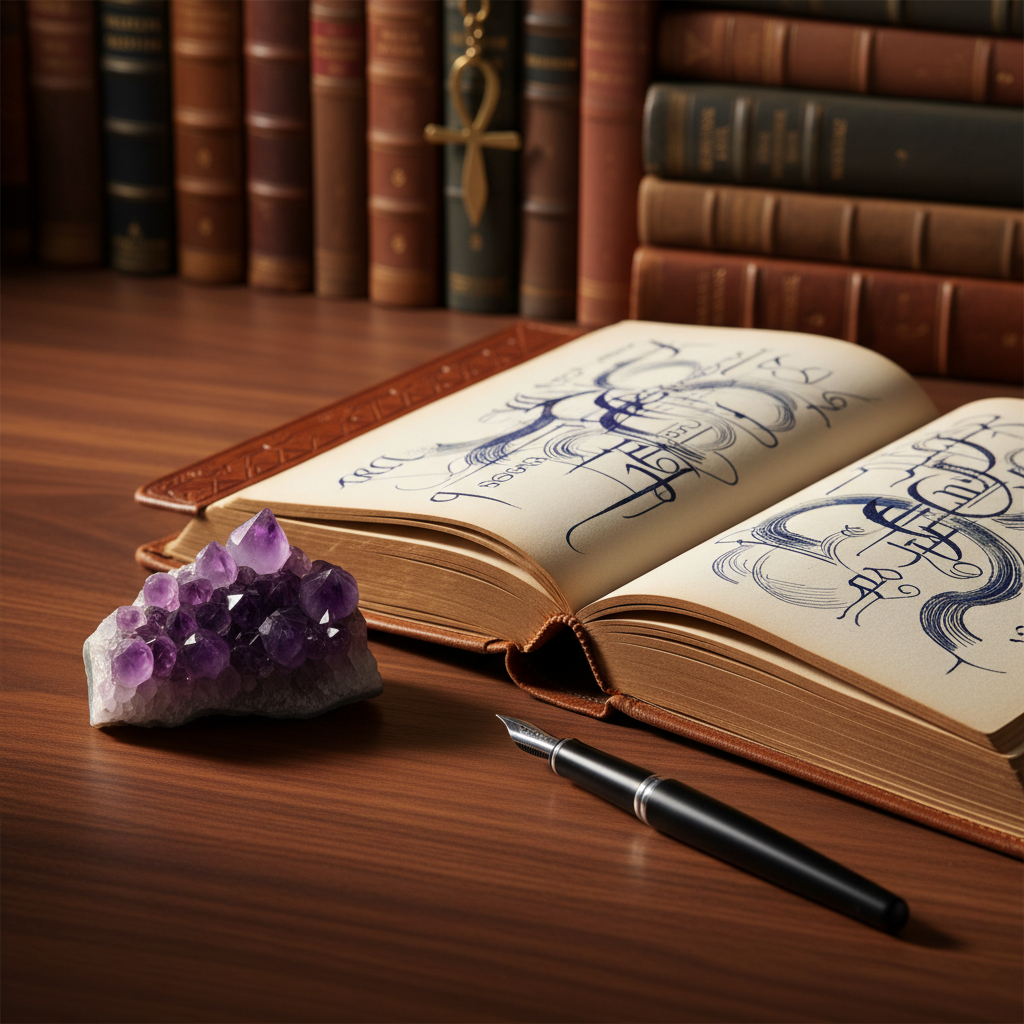 An open, leather-bound journal lies on a dark walnut table, its cream pages filled with flowing, abstract ink markings suggestive of poetry and affirmations without forming readable words. A smooth amethyst cluster and a small, matte black fountain pen rest nearby, catching soft, warm lamplight. In the blurred background, shelves of worn metaphysical books and a single delicate ankh-shaped brass bookmark add subtle symbolic presence. Photographic realism with a shallow depth of field keeps the journal as the focal point, shot from a slightly elevated angle. The atmosphere is intimate, thoughtful, and refined, evoking late-night spiritual writing sessions where inner truths and universal insights are gently discovered and recorded.