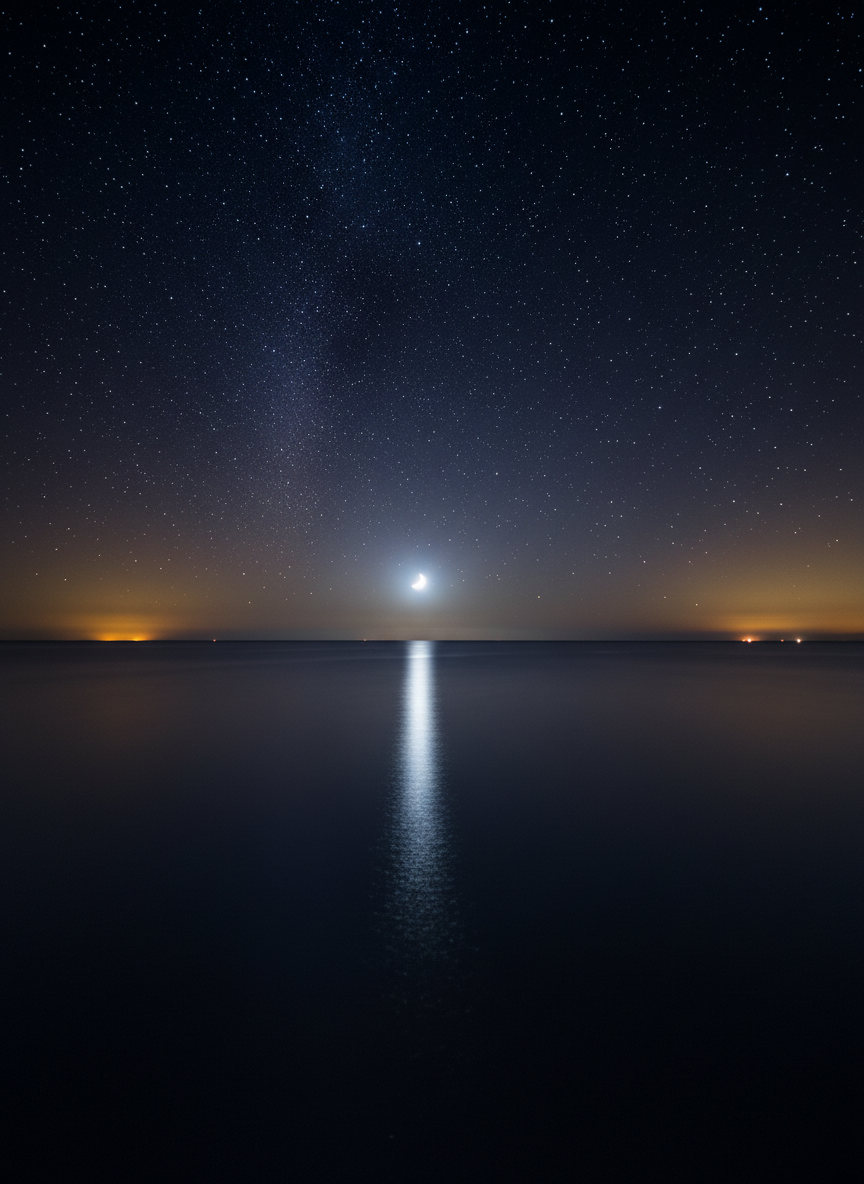 A smooth, dark indigo ocean at night, its surface gently rippling like liquid velvet, fills the lower half of the frame. Above it, a vast, star-drenched sky arcs overhead, each star rendered as a crisp point of light, subtly mirrored in the water. At the horizon, a faint crescent moon glows, casting a soft silvery path across the waves. Warm golden hour remnants linger at the edges of the sky, blending into deep cosmic blues and purples. Photographic realism with a long-exposure feel, shot at eye level with a wide lens, creates a sense of endless depth and universal connection. The mood is contemplative, sophisticated, and spiritually expansive, inviting quiet reflection on the bond between self and cosmos.