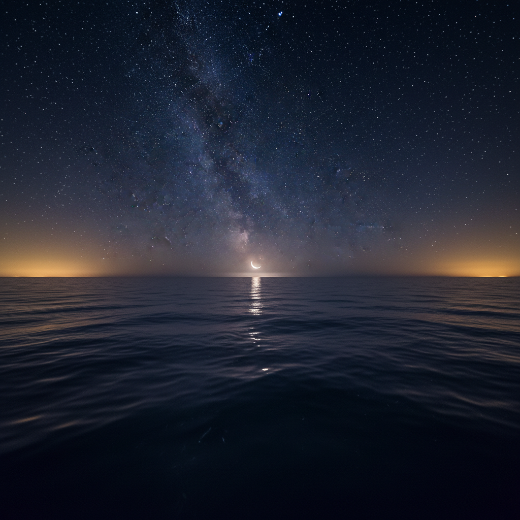 A smooth, dark indigo ocean at night, its surface gently rippling like liquid velvet, fills the lower half of the frame. Above it, a vast, star-drenched sky arcs overhead, each star rendered as a crisp point of light, subtly mirrored in the water. At the horizon, a faint crescent moon glows, casting a soft silvery path across the waves. Warm golden hour remnants linger at the edges of the sky, blending into deep cosmic blues and purples. Photographic realism with a long-exposure feel, shot at eye level with a wide lens, creates a sense of endless depth and universal connection. The mood is contemplative, sophisticated, and spiritually expansive, inviting quiet reflection on the bond between self and cosmos.